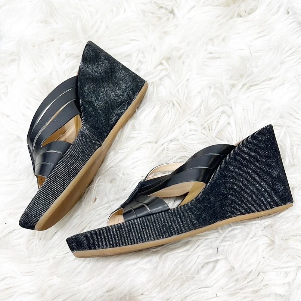 BANANA Republic Marbella Black Leather & Denim Criss Cross Wedges 6